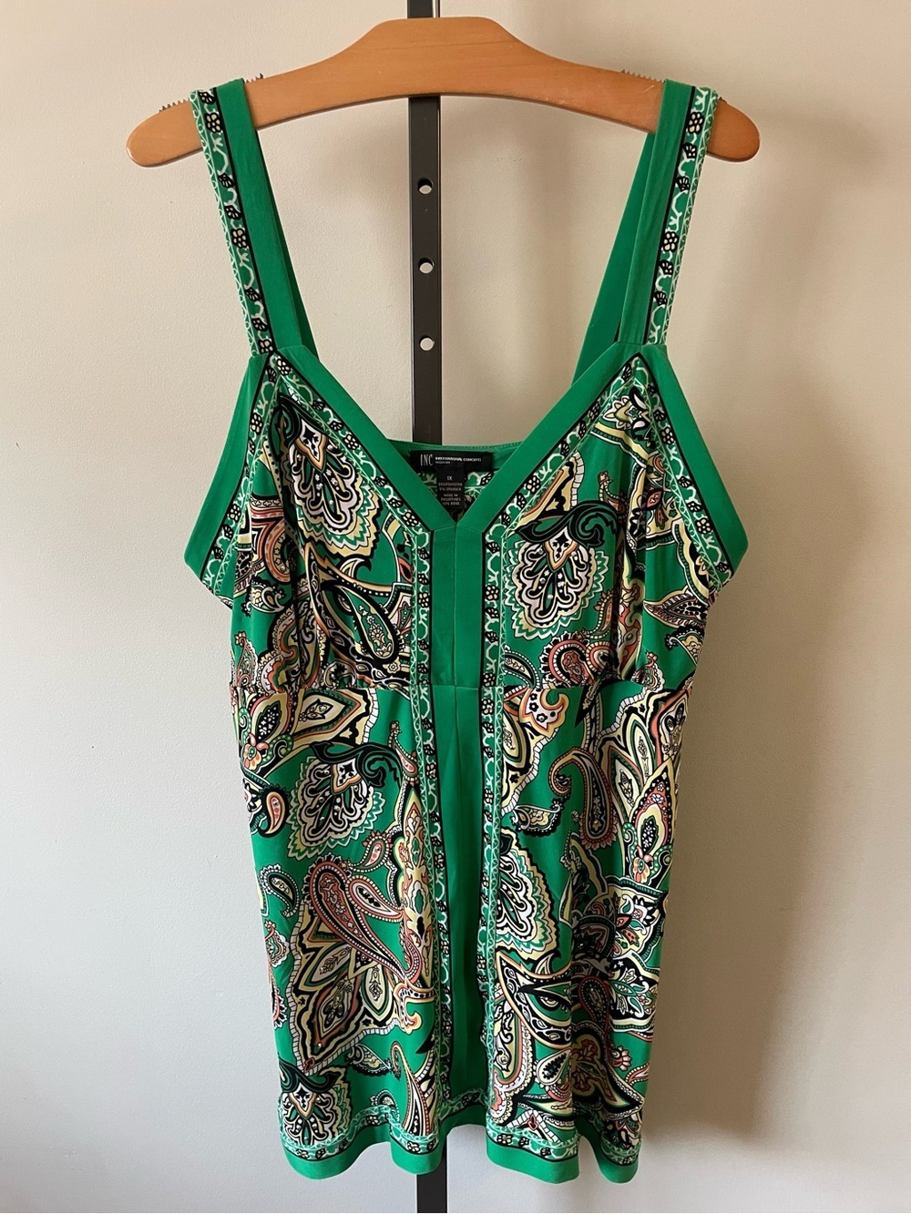 INC Rhinestone Embellished Paisley Tank Top Blouse Green Boho Plus Size 1X